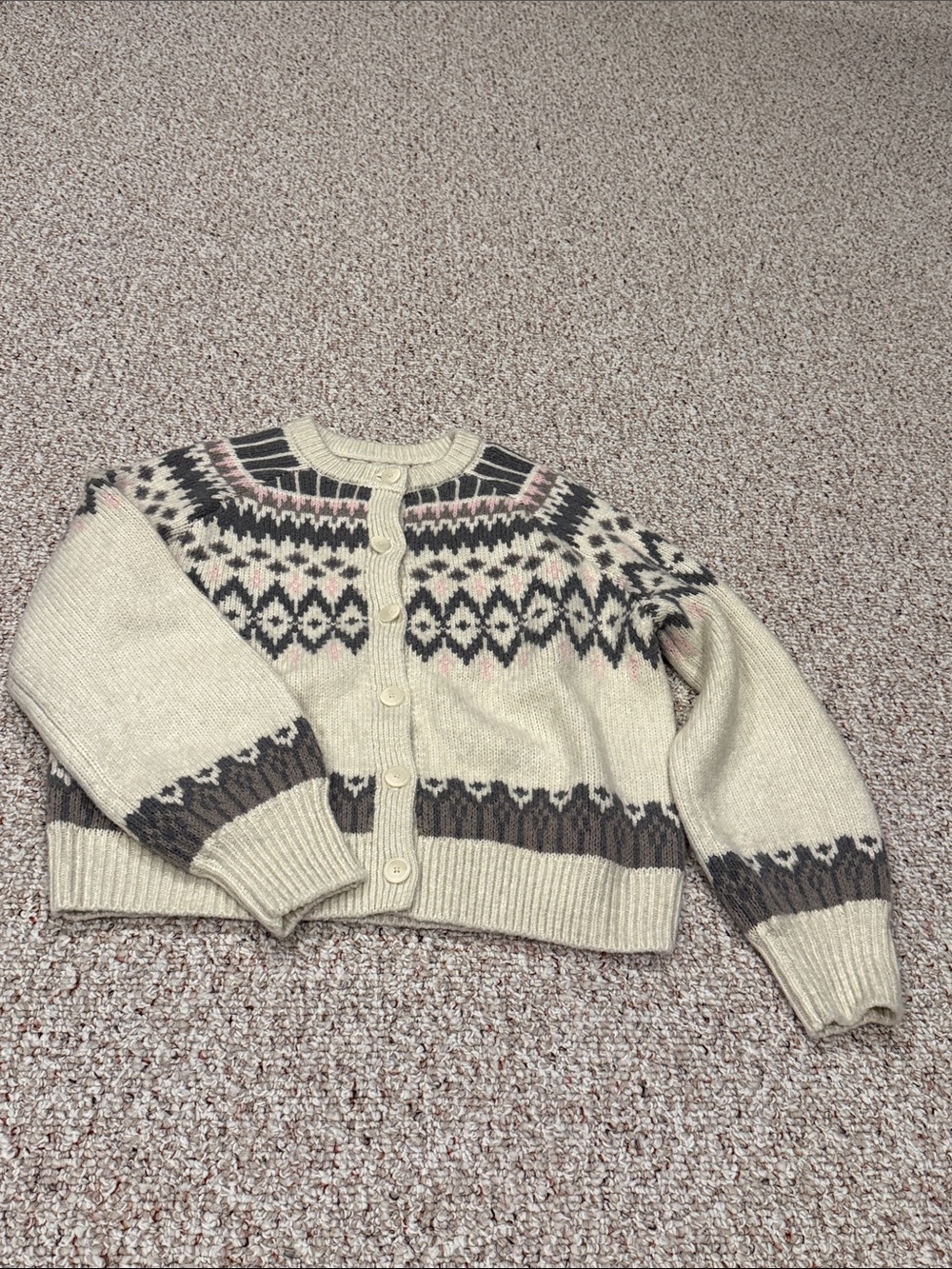 aerie Cream Fair Isle Button-Up Cardigan with Brown & Pink Accents